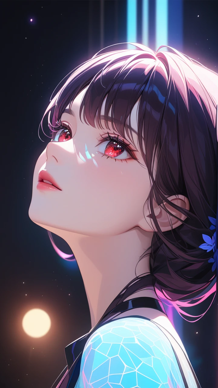 masterpiece, best quality:1.3, 1girl, moon dress, looking up ,moon , half body, from side, detailed face, red eyes, beautiful detailed lips, long eyelashes, delicate facial features, expressive face, detailed skin texture, moonlight lighting, vibrant colors, cinematic lighting, soft focus, prismatic, holographic,chromati caberration,