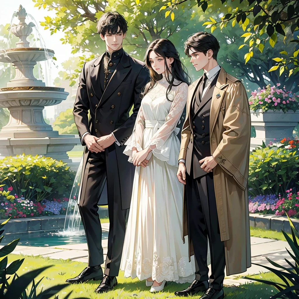 In a beautiful garden of the royal family, full of colorful and well-kept flowers, tall trees and lush green grass. In the center of the scene, A black-haired boy stands, with rosy cheeks and an embarrassed expression. He is touching his neck, clearly uncomfortable and embarrassed, as her cheeks turn even redder. The sun shines softly on the garden, enhancing the beauty of flowers and the environment. In the background, You can see a white marble fountain and some members of the nobility walking around, dressed in elegant and refined clothes.