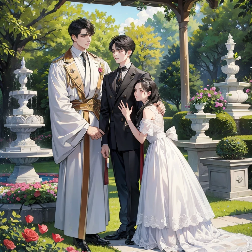 In a beautiful garden of the royal family, full of colorful and well-kept flowers, tall trees and lush green grass. In the center of the scene, A black-haired boy stands, with rosy cheeks and an embarrassed expression. He is touching his neck, clearly uncomfortable and embarrassed, as her cheeks turn even redder. The sun shines softly on the garden, enhancing the beauty of flowers and the environment. In the background, You can see a white marble fountain and some members of the nobility walking around, dressed in elegant and refined clothes.