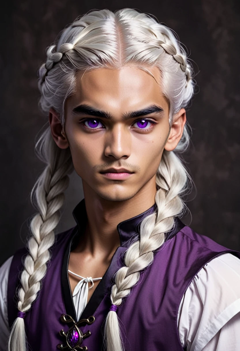 Slender and thin young man of 18 years, dark tan skin, long white hair tied up in ONE braid, violet eyes and straight dark eyebrows, sharp features, gloomy expression. In the style of a Targaryen. A very attractive young man