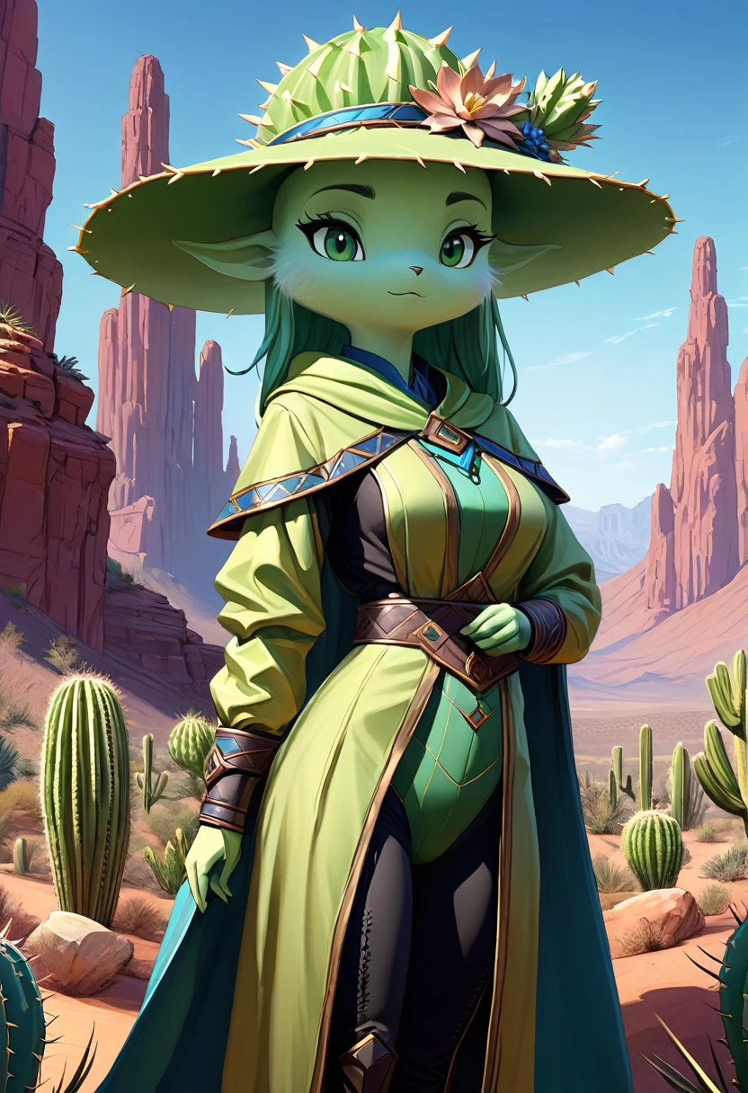 Anthropomorphic female cactus mage. Official Art – Charecter profile. An Award-Winning Digital Masterpiece In 4K Ultra HD, Extreme Detail And Intricate Realism. Symmetrical Face. This Concept Art Brought To Life By The Hands Of Artists Like Wlop & Artgerm In A Stunning 2D Vector Illustration.Background Is A Panoramic Vista.
