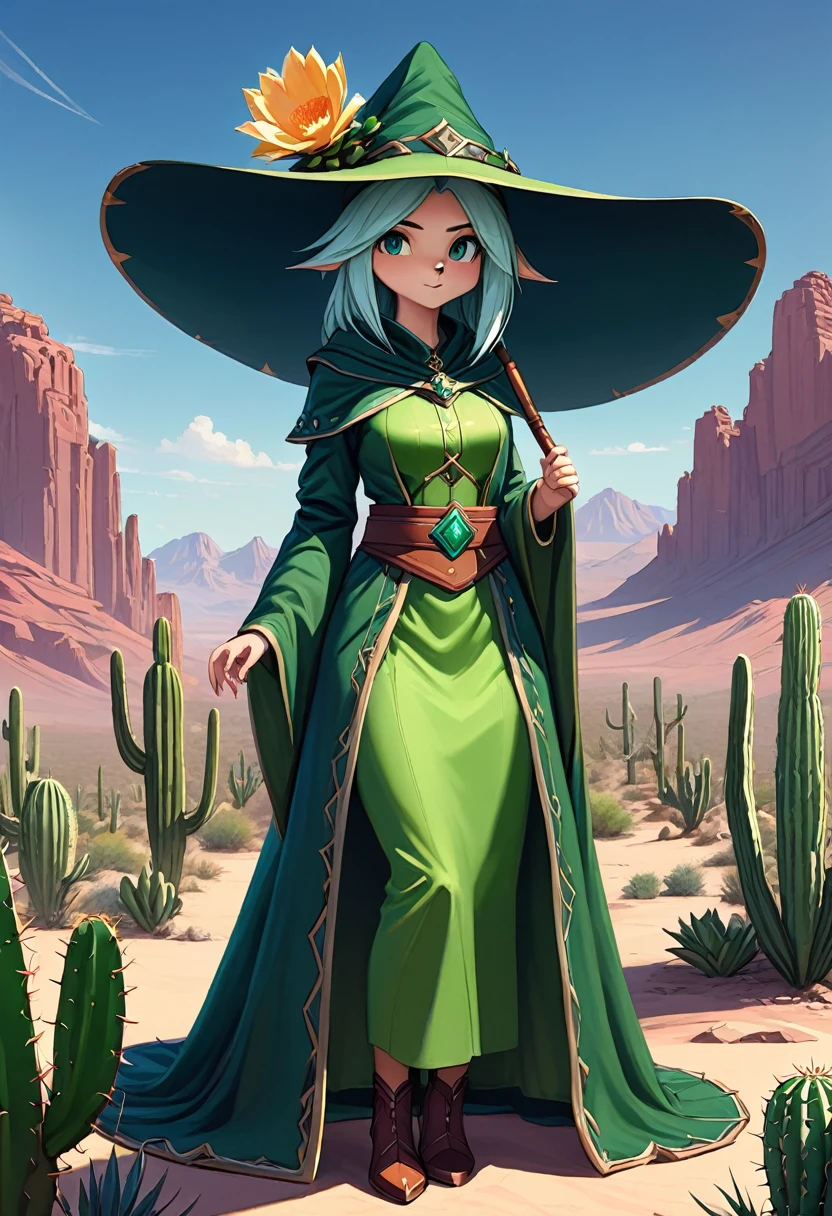 Anthropomorphic female cactus mage. Official Art – Charecter profile. An Award-Winning Digital Masterpiece In 4K Ultra HD, Extreme Detail And Intricate Realism. Symmetrical Face. This Concept Art Brought To Life By The Hands Of Artists Like Wlop & Artgerm In A Stunning 2D Vector Illustration.Background Is A Panoramic Vista.