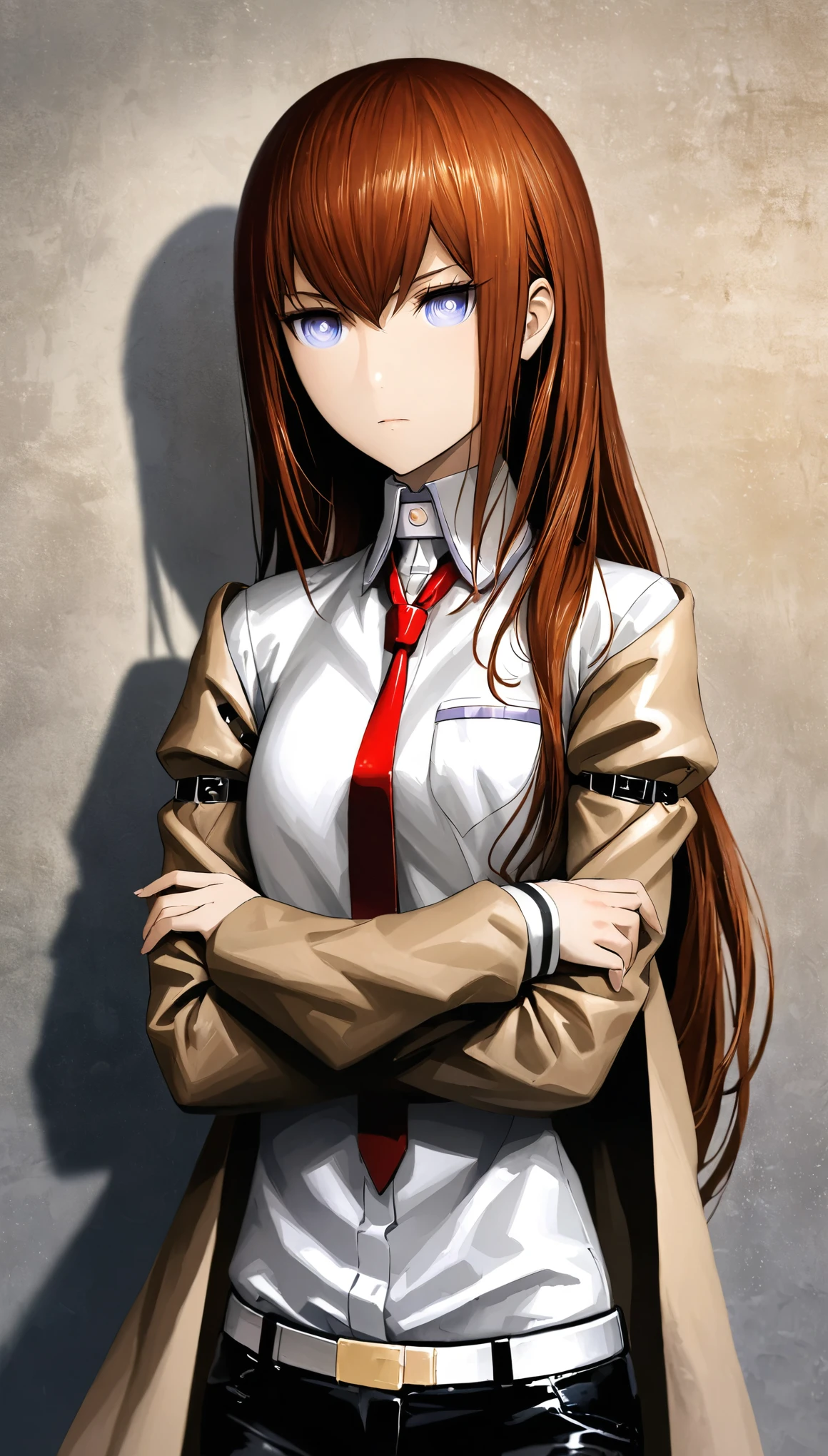 (masterpiece), (Photorealistic:1.4), (((Highly detailed elegant))),One girl, makise kurisu, Stein;Gate,Create an image of a young woman with (long, flowing brown hair) and an intense, focused expression, suggesting she is lost in deep thought or facing a significant challenge. She stands with her arms crossed, clad in a (Beige trench coat) over a crisp white blouse and a striking red tie, paired with dark shorts. The background features a dynamic, abstract design with (floating numerical figures) and soft, sandy hues, conveying a sense of time swirling around her, adding a mystical or sci-fi theme. Her pose and the environment suggest a blend of action and contemplation, highlighted by (subtle interplays of light and shadow) that enhance the mood and depth of the scene.