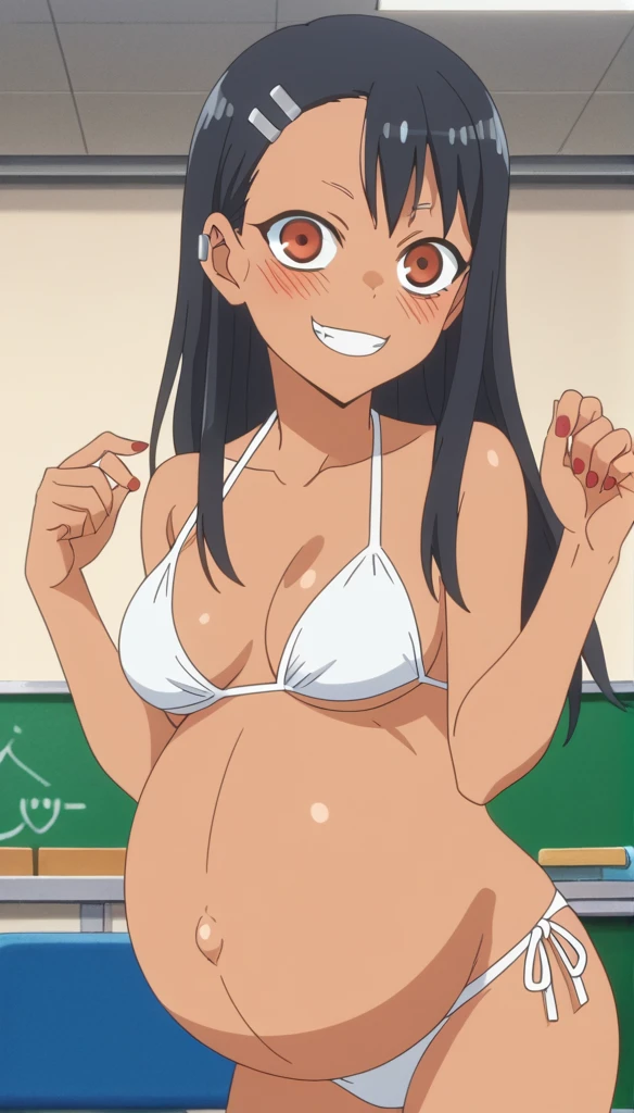 score_9, score_8_up, score_7_up, source_anime, anime screencap, anime coloring, 
hayasenagatoro,
hayase nagatoro, long hair, bangs, black hair, hair ornament, brown eyes, hairclip, dark skin, dark-skinned female, tan, bikini, nail polish, red nails, earclip,
indoors, classroom, bent over, smile,
looking at viewer, solo, ((shows her naked breasts)), ((pregnant belly)), huge belly, rub belly, beach Background