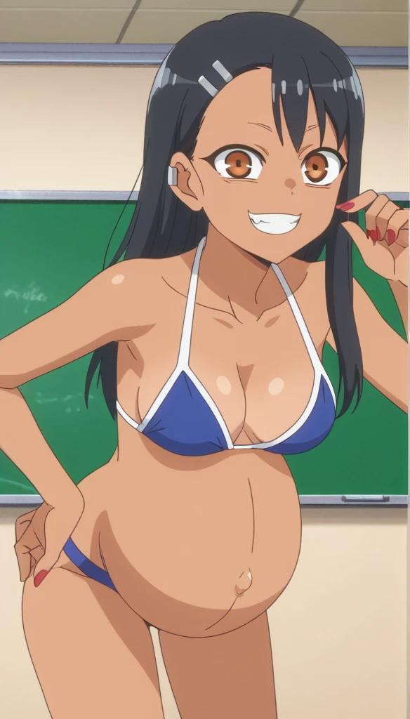 score_9, score_8_up, score_7_up, source_anime, anime screencap, anime coloring,
hayasenagatoro,
hayase nagatoro, long hair, bangs, black hair, hair ornament, brown eyes, hairclip, dark skin, dark-skinned female, tan, bikini, nail polish, red nails, earclip,
indoors, classroom, bent over, smile,
looking at viewer, solo, ((shows her naked breasts)), ((pregnant belly)), huge belly, rub belly, beach Background