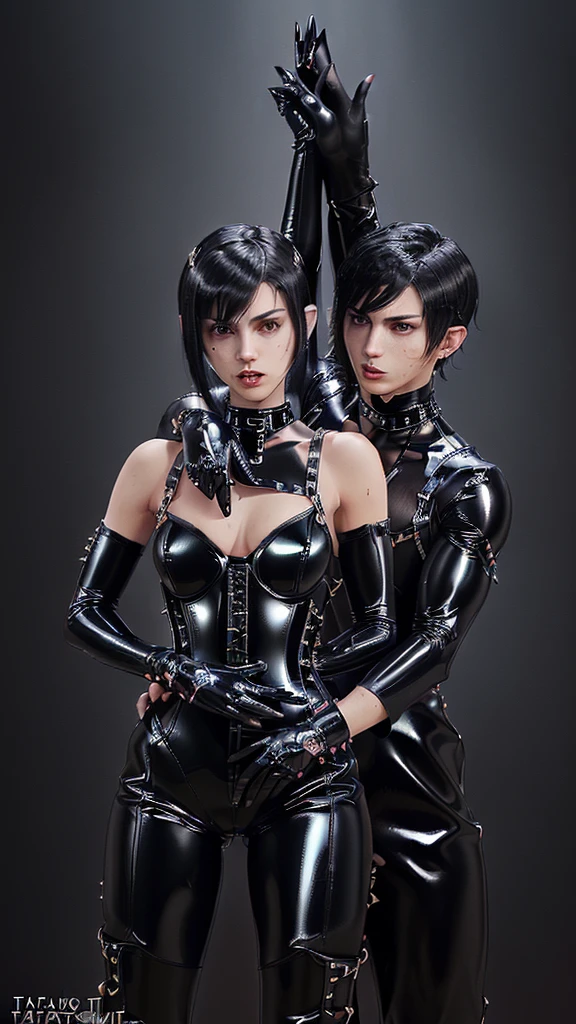 ((Final Fantasy taste reality graphics)),(((((japanese boy and girl couple))))), (((((young, cute and cool ikemen boy and young cute girl))))),,,both age is early 20s, thin eyebrows and beady eyes, (((((they are wearing black shiny thin and coverall latex catsuit with front fastener ))))),((((catsuit front fastener is closed)))),,((((catsuit is long sleeve)))), ((((put on black shiny and coverall full finger latex glove on both hands)))),((((catsuit,glove and corsets is very tight-fitting)))),,((black color long length knee-high leather platform boots)),((((also put leather corset,on girth,neck,and both wrists)))),((neck collar corset is big, very thick, and very long length)), ((put on a thick long length leather neck collar around neck)),((dont show finger)),((boy and girl are must no bare hands)),((both looks like fashion model)),((all latex clothes is smooth taxtrue)),((boy and girl body is skinny)),((Don't show the skin around his neck)),((both show the head-to-toe )),((Don't show your bare skin from the head down)),((cover everything except the head)),
((Boy and girl Couple relationship))
((Both slender body shape)),(((((both wear the same clothes)))))