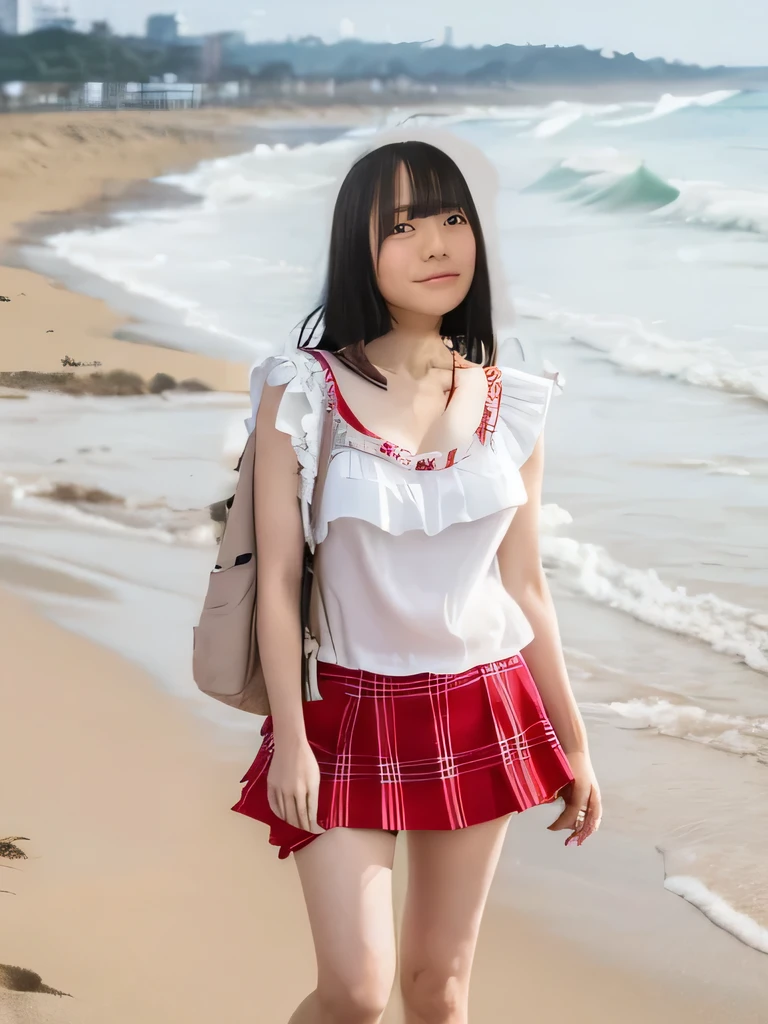 Highest quality,Super detailed,A woman looking at the camera on the beach at Enoshima,White ruffled blouse,red flared mini skirt,Posing for a photo,She is carrying a cute beige backpack.