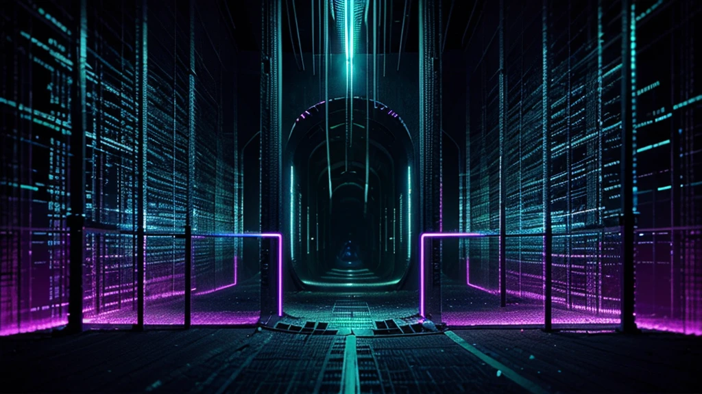 a sci-fi tunnel, vortex blurred neon lights, abstract art, close-up matrix code cascading, wire frame dark background