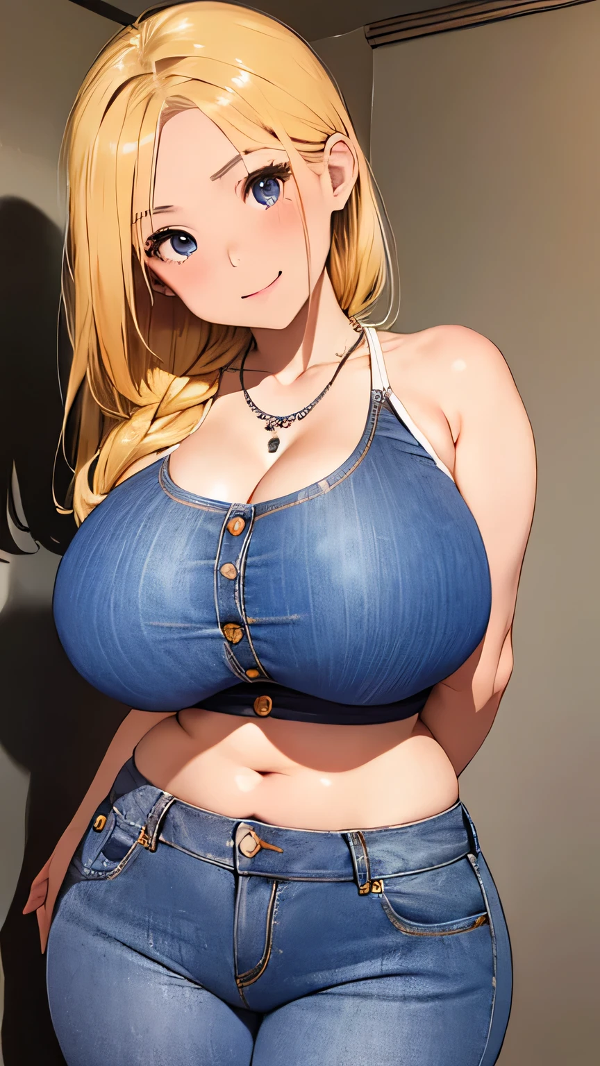 Best quality, high detailed, 8K quality, 4k resolution, Full body 20 years old chinese girl, blonde hair, necklace, gorgeous face, massive breast, curvy body, wearing white sweeater, crop denim, massive breast and huge butt, playful expression, pose with both hands