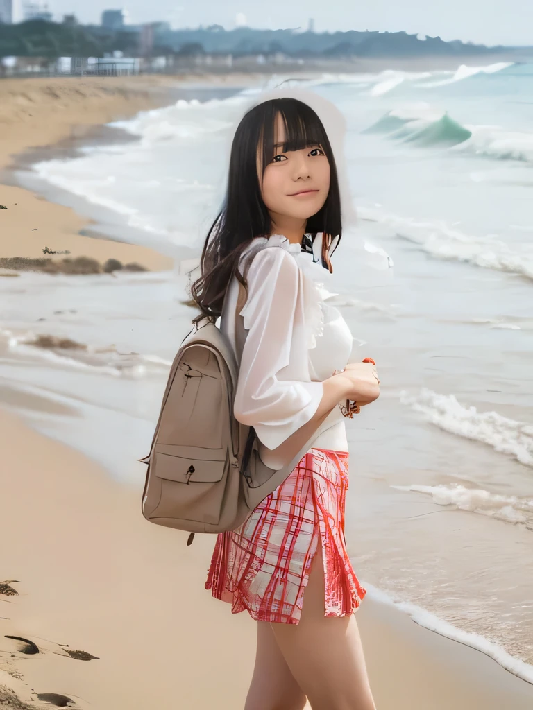 Highest quality,Super detailed,A woman looking at the camera on the beach at Enoshima,White ruffled blouse,red flared mini skirt,Posing for a photo,She is carrying a cute beige backpack.