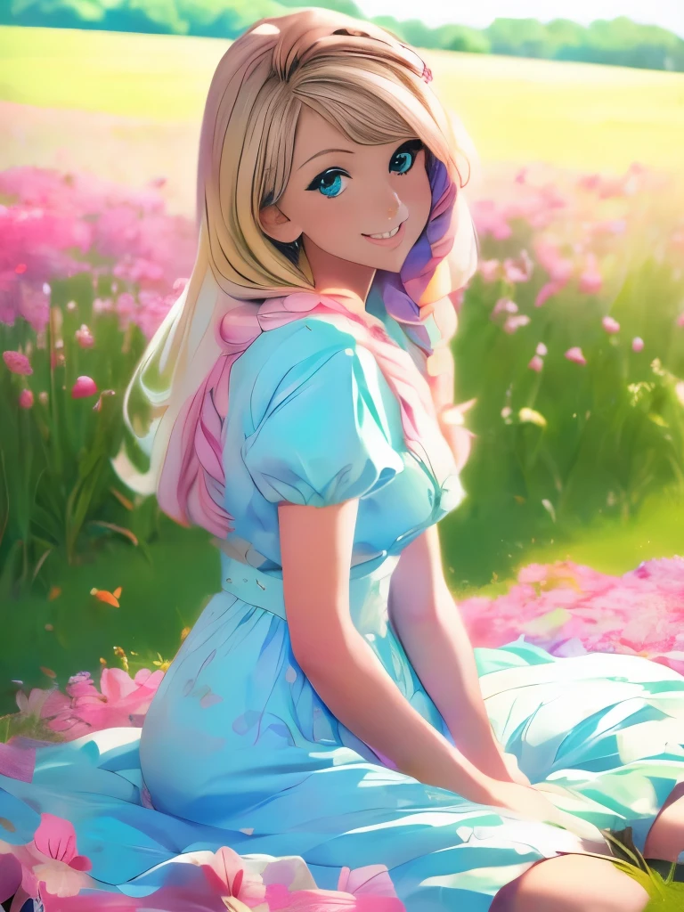 Anime girl in the anime style of the 80s sitting in a field of flowers and looking at the camera, smiling. pastel-colored