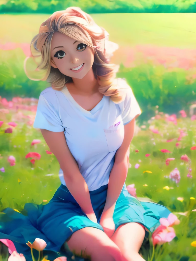 Anime girl in the anime style of the 80s sitting in a field of flowers and looking at the camera, smiling. pastel-colored
