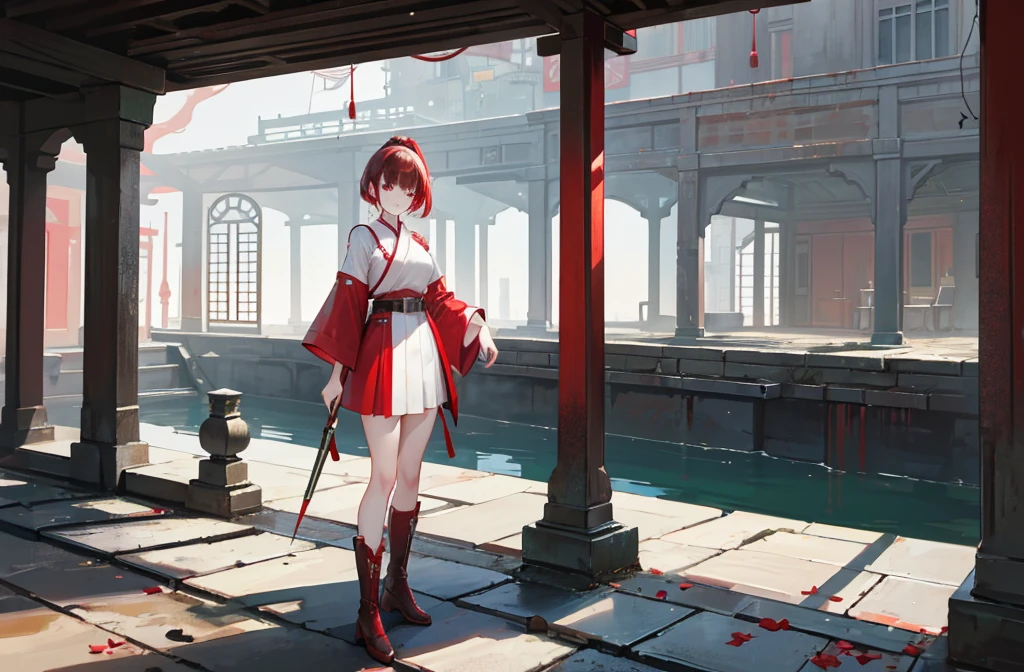 Brunette beauty。High ponytail，red hair clips，short detailed hair，Extremely tall，Wear red and white antique japanese clothes，Valkyrie，Brown belt，Brown boots，Red spear in hand，Standing in the antique courtyard，A bright smile，red pupils，Bare legged，Best quality at best，tmasterpiece，China-style，underground waterway,((dark place)),((dark place)),((dark place)),((dark place)),((Dark underground canals where light does not reach)),((upper body)),