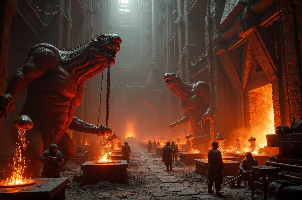 Epic, cinematic scene reminiscent of The Lord of the Rings, depicting a massive, dark smithy in the heart of a volcanic fortress. Dozens of monstrous creatures with muscular, twisted bodies and glowing red eyes labor intensely. Enormous forges illuminate the scene with fiery light, casting dramatic shadows. Sparks fly as hammers strike red-hot metal on anvils. Massive chains, gears, and dark machinery surround the area, enhancing the sense of industrial scale. The background is filled with the sounds of clanking metal, roaring flames, and guttural growls. Realistic, grand, and menacing, emphasizing the immense power being forged for an upcoming war.