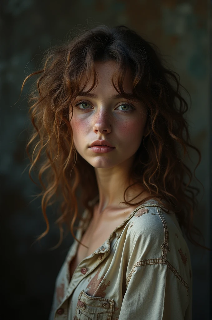 (Model shooting style), A sad homeless  ((dressing a old torn clothes)), (Shy), 1 Girl, Solitary, brown、curly、Messy hair, Very rich facial details, beautiful eyes, [Chubby], Lovely, Ruddy cheeks，Bright, Sad eyes, Stunning beauty, (Rembrandt Lighting), Zeiss lenses, Surreal, (High Detail Skin:1.2), 8K Ultra HD, Digital SLR Camera, Dramatic rim light, high quality, Fuji XT3,