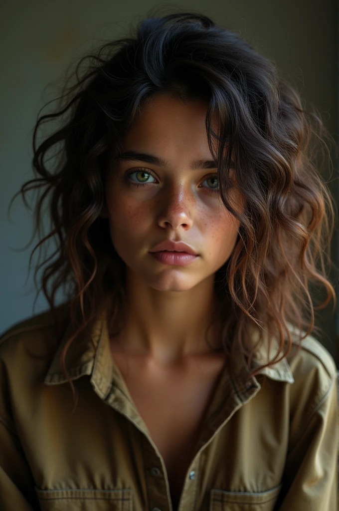 (Model shooting style), A sad homeless  ((dressing a old torn clothes)), (Shy), 1 Girl, Solitary, brown、curly、Messy hair, Very rich facial details, beautiful eyes, [Chubby], Lovely, Ruddy cheeks，Bright, Sad eyes, Stunning beauty, (Rembrandt Lighting), Zeiss lenses, Surreal, (High Detail Skin:1.2), 8K Ultra HD, Digital SLR Camera, Dramatic rim light, high quality, Fuji XT3,