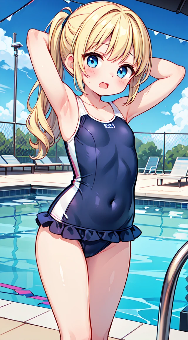 (Perfect Anatomy, Balanced ratio, very cute illustration:1.1), Poolside, Open your mouth、blonde, blue eyes, Wavy long hair, ponytail, Half-cut bangs,(Small breasts)、 (Place your arms behind your head, Underarm), (Embarrassing), (Gorgeous idol costume swimsuit with attention to detail), Baby Face, (girl:1.5), (Cute round face),
