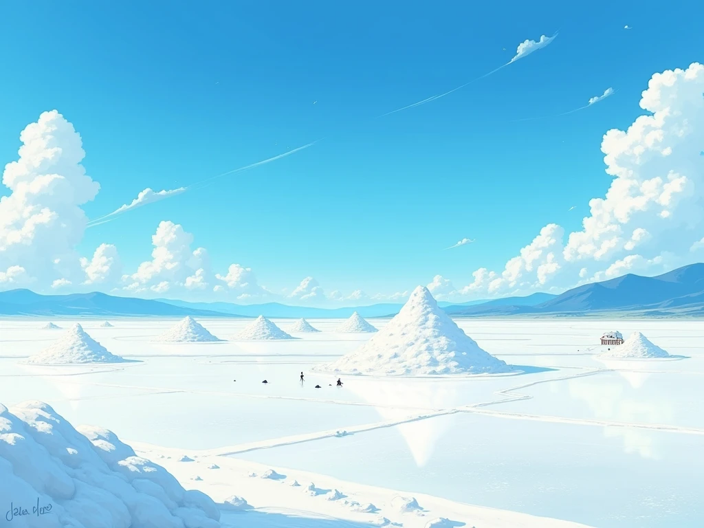 Peace and tranquility,Fresh and natural,From near to far sky,Makoto Shinkai's style,landscape,high quality,Salt City, salt fields, beautiful scenery, white sea salt, salt piles, hardworking people, diligence and wisdom, natural landscape