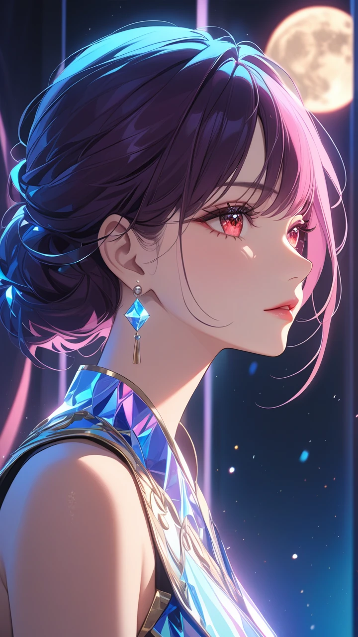 masterpiece, best quality:1.3, 1girl, moon dress, looking at moon ,moon , half body, from side, detailed face, red eyes, beautiful detailed lips, long eyelashes, delicate facial features, expressive face, detailed skin texture, moonlight lighting, vibrant colors, cinematic lighting, soft focus, prismatic, holographic,chromati caberration,