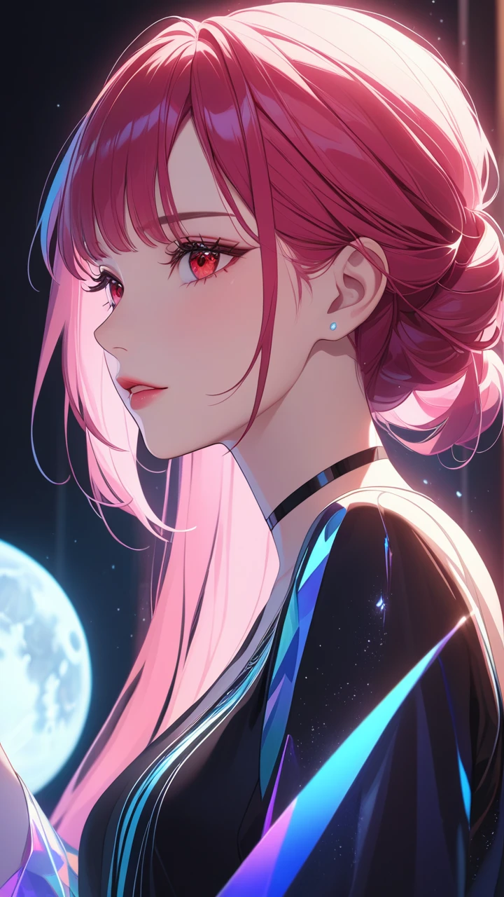 1girl, beautiful face, ((white eyes)), sexy pose, Red moon in the background, stars, space, (lightroom:1.13), soft light, (natural skin texture:1.2), (Hyperrealism:1.2), sharp focus, focused,[[realistic]]Front open shirt、G-cup bust、Reddish-purple hair、Purple bra、Pencil Skirt、Glamorous figure、whole body、
