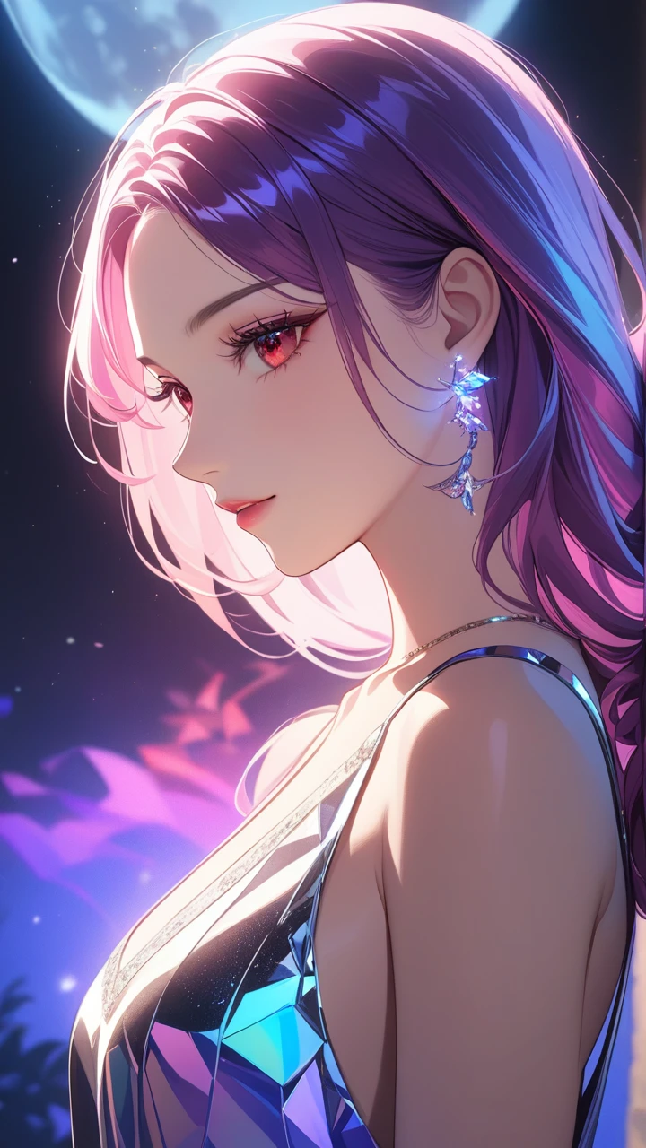 masterpiece, best quality:1.3, 1girl, moon dress, looking at moon ,moon , half body, from side, detailed face, red eyes, beautiful detailed lips, long eyelashes, delicate facial features, expressive face, detailed skin texture, moonlight lighting, vibrant colors, cinematic lighting, soft focus, prismatic, holographic,chromati caberration,