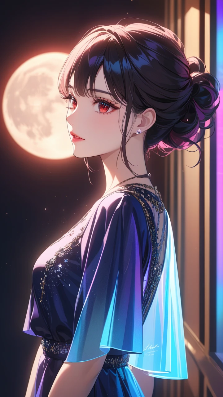 masterpiece, best quality:1.3, 1girl, moon dress, looking at moon ,moon , half body, from side, detailed face, red eyes, beautiful detailed lips, long eyelashes, delicate facial features, expressive face, detailed skin texture, moonlight lighting, vibrant colors, cinematic lighting, soft focus, prismatic, holographic,chromati caberration,