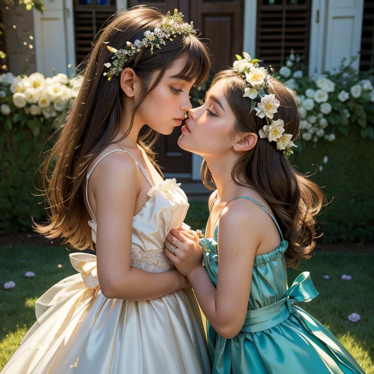 (​masterpiece, best quality:1.5), highest quality, High resolution, super detailed, Realists, Upper body photo of a brunette young flower girl, detailed and beautiful eyes, beautiful detailed lips, very detailed eyes and face, longeyelashes, Young girl in short flower girl dress made of shiny satin fabric, Beautiful and colorful makeup, elegant and noble々Pose,shiny satin headband, grind, Holding flowers, Gardens as background, soft daylight, bright colors, fine brushstrokes, Portrait style, Noble details in the dress fabric, beautiful color palette, glowing skin, First-class rendering, that captures every detail, enchanting atmosphere, subtle shadows and lights, (perfect anatomy:1.2), (The two stunning young flower girls are deeply in love, at a wedding (kiss:1.2), (magnificent panorama view:1.2)