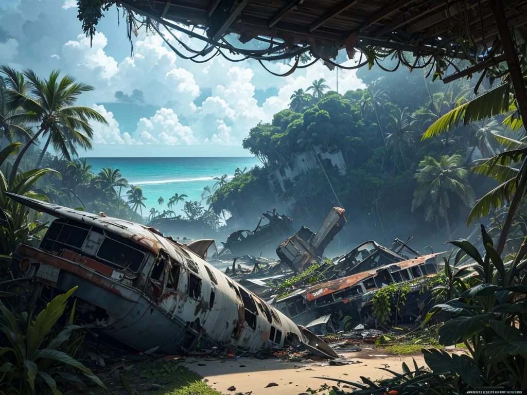 realistic high detailed photo of a crashed passenger airplane on a tropical island, dramatic lighting, dramatic clouds, dramatic ocean waves, detailed wreckage, debris scattered around, lush jungle vegetation, detailed tropical beach, dramatic shadows, cinematic composition