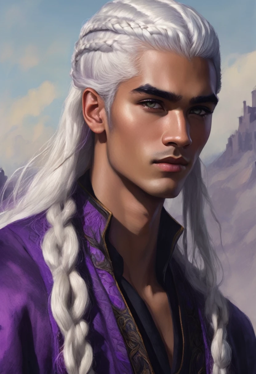 Slender and thin young man of 18 years, dark tan skin, long white hair tied up in ONE braid, violet eyes and straight dark eyebrows, sharp features, gloomy expression. In the style of a Targaryen. A very attractive young man