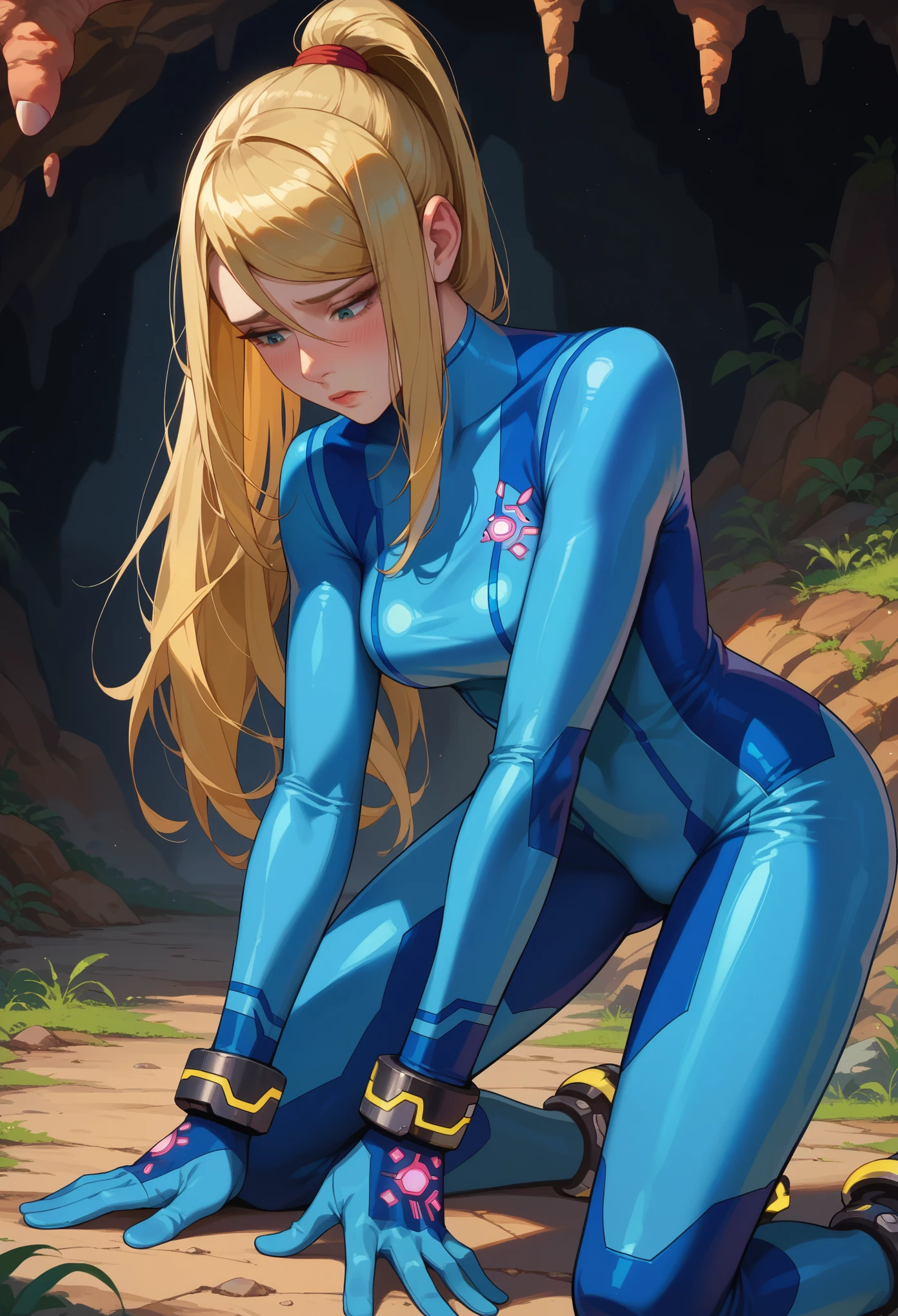 score_9, score_8_up, score_7_up, 1girl, solo,defSamus, blonde hair, long hair, bodysuit, blue clothes, blue pants, blue gloves, kneeling, all fours, blushing, sad, looking down, fists, cave entrance