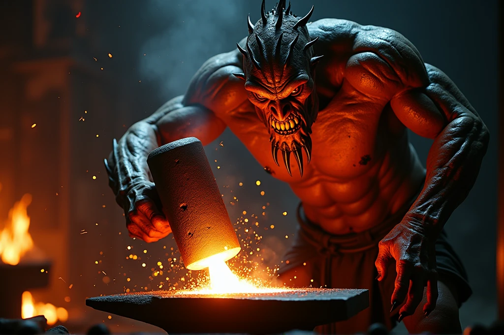 Epic, cinematic close-up shot of a monstrous creature forging a weapon in a dark, eerie smithy. Focus on the creature's powerful, clawed hands gripping a massive hammer, striking red-hot metal on an anvil. Sparks fly dramatically with each strike, illuminating the creature's fierce, glowing red eyes and sweat-covered, muscular arms. Detailed textures of the molten metal, hammer, and anvil are visible. Background elements include flickering flames and shadows, adding to the intense and foreboding atmosphere. Realistic and powerful, capturing the raw strength and determination in the act of forging a weapon for war. Ensure high level of detail and realism to match cinematic quality.