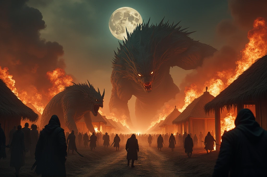 Epic, cinematic scene of a village being attacked by dark forces. Monstrous creatures setting fire to buildings, people fleeing in terror, and chaos reigning supreme. Smoke and flames rise into the night sky, casting an eerie glow. Creatures looting and wreaking havoc, with screams and clashes of weapons filling the air. Realistic, brutal, and terrifying, highlighting the merciless nature of the dark forces. Ensure high level of detail and realism to match cinematic quality.
