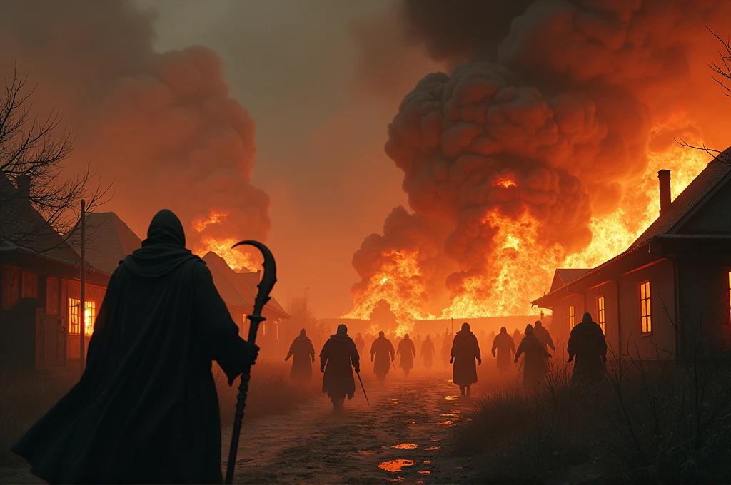 Epic, cinematic scene of a village being attacked by dark forces. Monstrous creatures setting fire to buildings, people fleeing in terror, and chaos reigning supreme. Smoke and flames rise into the night sky, casting an eerie glow. Creatures looting and wreaking havoc, with screams and clashes of weapons filling the air. Realistic, brutal, and terrifying, highlighting the merciless nature of the dark forces. Ensure high level of detail and realism to match cinematic quality.
