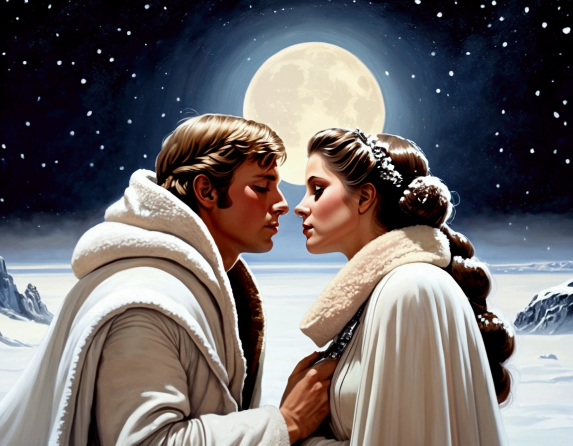 Star Wars, empire strikes back, Luke and Leia share a kiss on the snow swept surface of Hoth, Moonlit night, serene night, moonlit confession of love