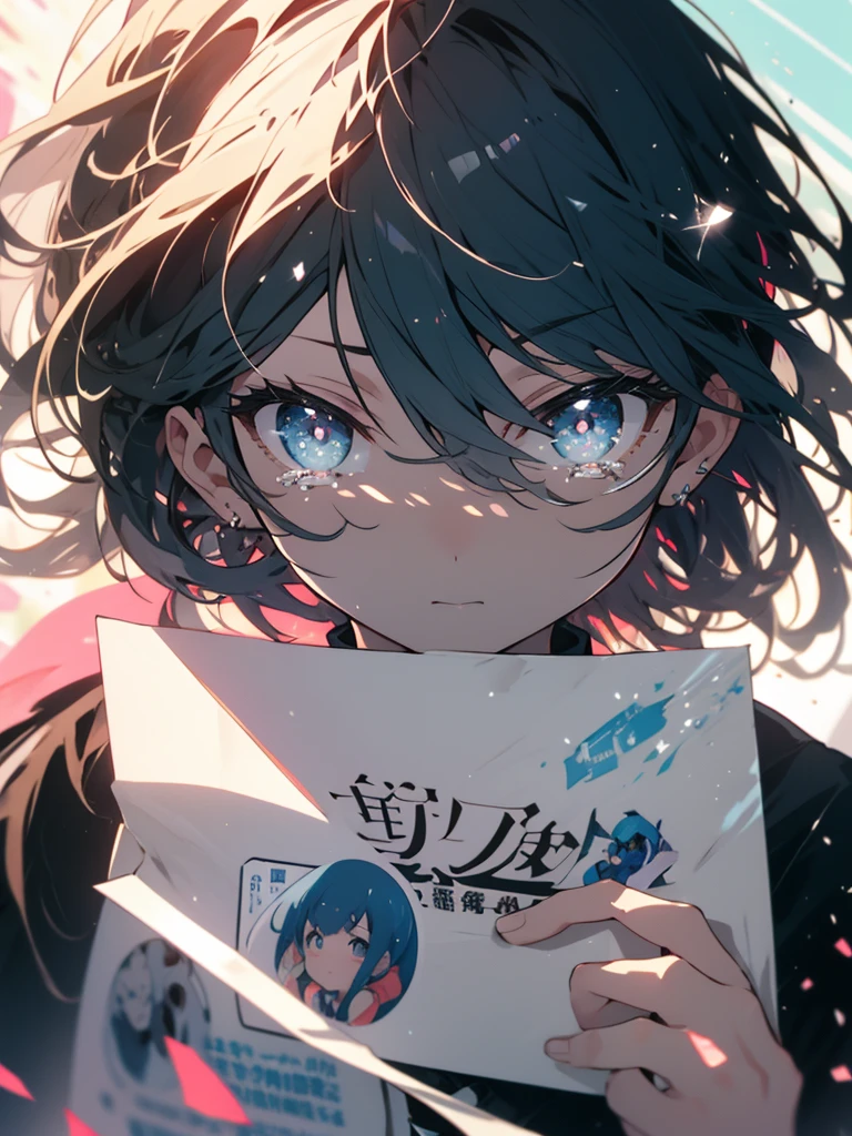 (Highest quality、masterpiece、High resolution、detailed), 1 girl, alone, (Crying face)、Very beautiful eyes,(Shining Eyes、detailed美しい顔)､  (Holding a flyer)、White pink color scheme, 最もdetailed、standing inside the train、(Highest quality、masterpiece、High resolution、detailed)、Cute Anime、Pop and bright background