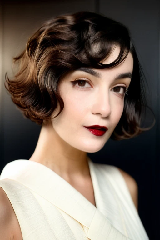 22 yrs Beautiful woman, ultra short french bob haircut, right hair part, Flowing sleeveless Dress, (close-up, editorial photograph), [[Wide-angle photo]], (background inside dark, moody, private study:1.3), full body portrait, by lee jeffries, nikon d850, film stock photograph, 4 kodak portra 400, camera f1.6 lens, rich colors, hyper realistic, lifelike texture, dramatic lighting, cinestill 800, eye contact, faint smile, wavy short french bob hair, 1920s hairstyle, short wavy hair, french bob, wavy pixie cut hair, wavy pixie hair, short black wavy hair, very short wavy hair, short french bob, bowlcut hair, shaved nape, soft makeup, Dark Hazel eyes, Eye contact