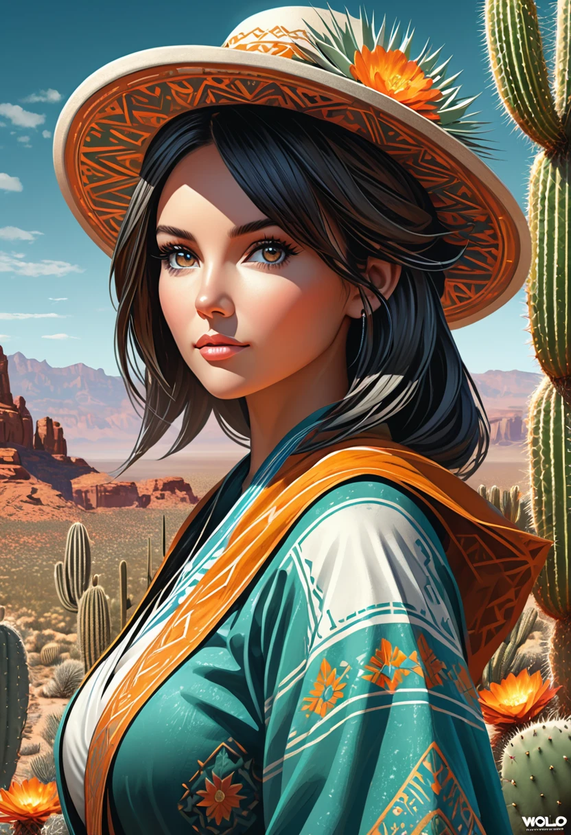 Anthropomorphic female cactus mage. Official Art – Charecter profile. An Award-Winning Digital Masterpiece In 4K Ultra HD, Extreme Detail And Intricate Realism. Symmetrical Face. This Concept Art Brought To Life By The Hands Of Artists Like Wlop & Artgerm In A Stunning 2D Vector Illustration.Background Is A Panoramic Vista.
