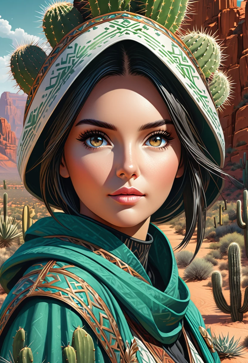 Anthropomorphic female cactus mage. Official Art – Charecter profile. An Award-Winning Digital Masterpiece In 4K Ultra HD, Extreme Detail And Intricate Realism. Symmetrical Face. This Concept Art Brought To Life By The Hands Of Artists Like Wlop & Artgerm In A Stunning 2D Vector Illustration.Background Is A Panoramic Vista.
