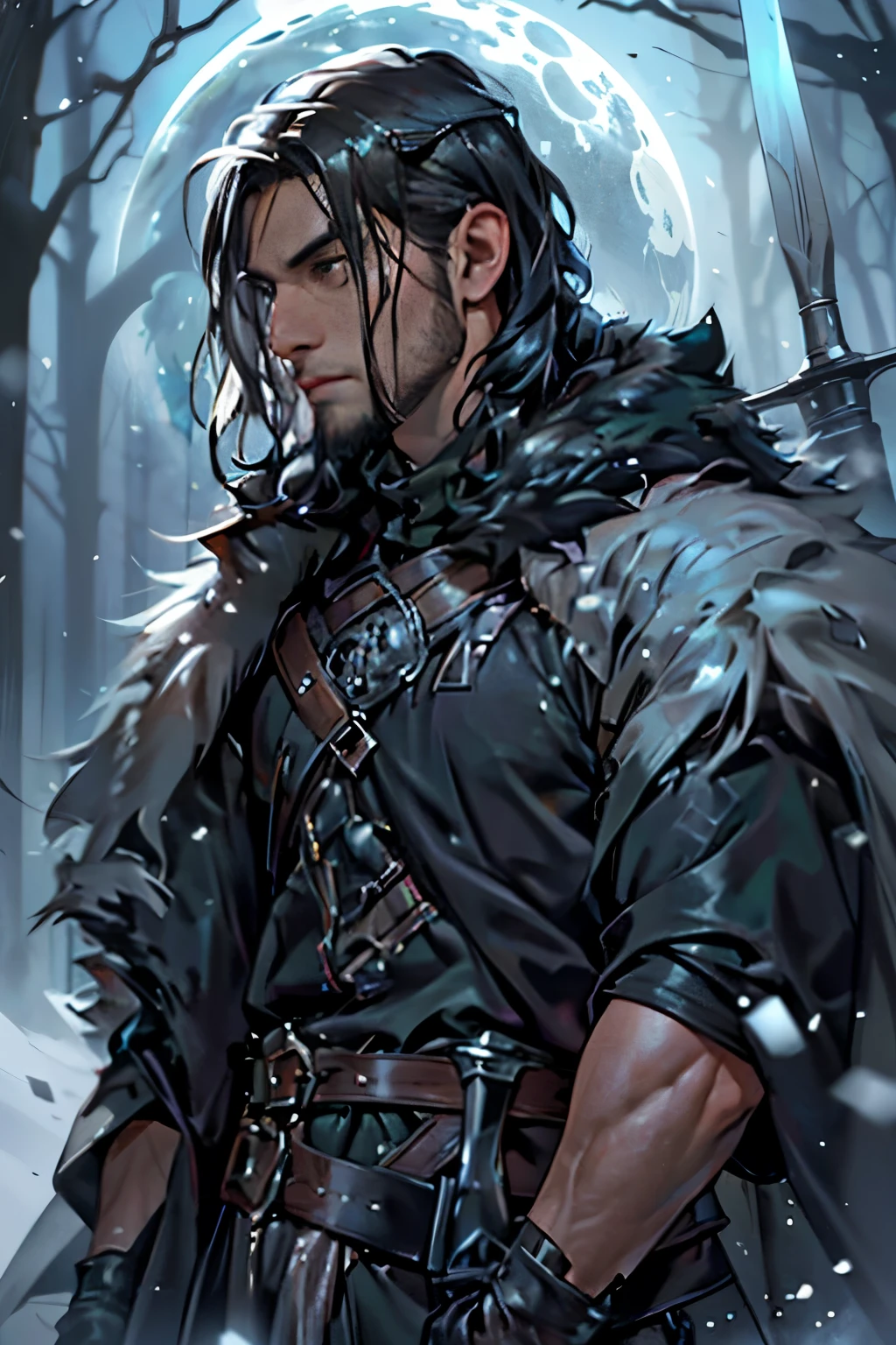 ((Best quality)), ((masterpiece)), ((realistic cartoon)), ((perfect character)):

In this stunning and highly detailed realistic cartoon, we present a mage summoning his enchantments in Winterfell. The Northerner stands tall, clad in an intricate and detailed black fur cloaks.

He was about 200+ tall, strong, muscular, with a fierce face adorned with a soft, well-groomed beard that complemented his long brown-black hair that was tied back, grey eyes, and his black outfit and coat, with the great sword in the scabbard that he carried on the back left of his shoulder and he's from House Stark from series House of the Dragon

Every element of this masterpiece is carefully designed to create a sense of realism and immersion. The intricacies of the mage's clothing, the mesmerizing effects of his conjurations, and the level of detail in his weathered face all contribute to a captivating visual experience. This artwork is presented in stunning UHD resolution, allowing you to appreciate every nuance and intricacy in breathtaking detail.

Eye level, scenic, masterpiece.