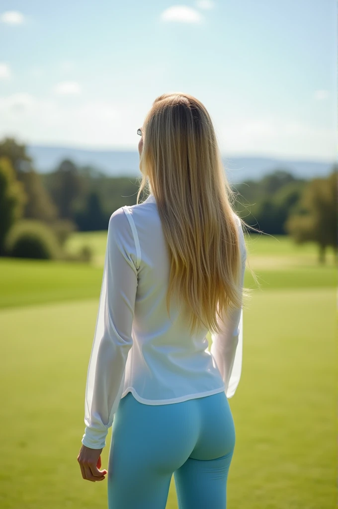 1 woman playing golf, golf course, exuberant woman, long straight blonde hair, medium breasts, white  shirt (30 % transparent), light blue tights, safe or taco, Look at the horizon. (richness of details, 8k, adequate brightness)