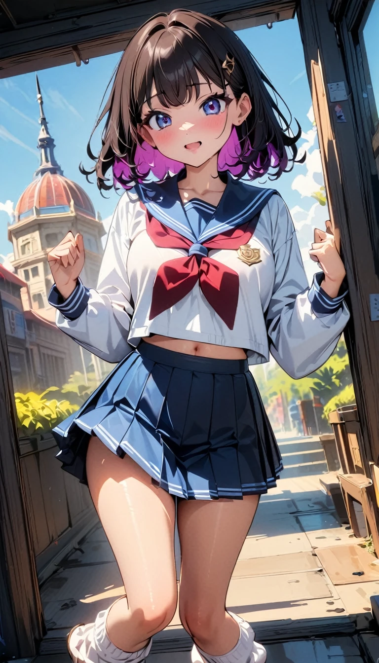 (highest quallity:1.24K, 8k, studio anime, very detailled, newest, Vibrant, high détail, hight contrast, work of art:1.2, highest quallity, better aesthetics), (((1 girl))), Feels and poses, JK, Sailor Suit, pleatedskirt, loose socks, moccasins, Por favor, open your mouth a little:1.2, ssmile, dynamic angle, I look up:1.3, Friendly atmosphere, cute hair, shiny hair, beautiful fur, detailed face and eyes, Glossy lips, curvy women, Stunning contrast,
