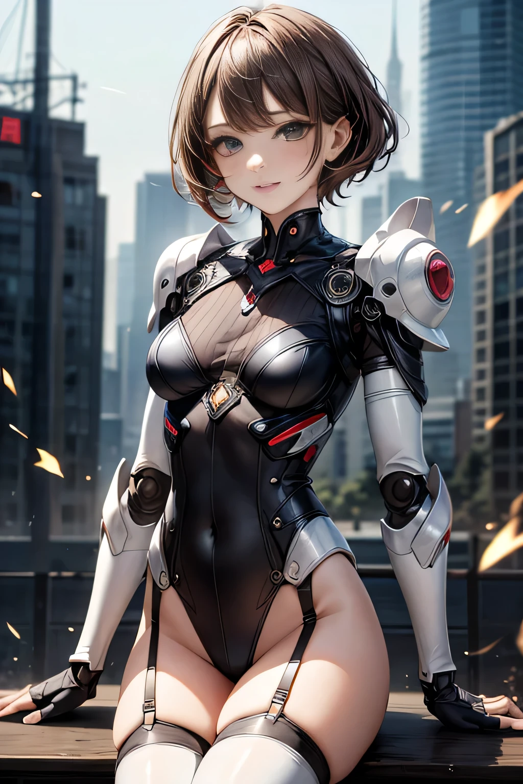 Highest quality, masterpiece, The finer details, Very delicate 8k wallpaper, (1 Beautiful Machine Woman), (Beautiful Eyes), Long eyelashes, Compensate, Short Hair, Pink Lips, Five mechanical finger joints, Mechanical Hand, Mechanical legs: 1.1), colorful, (Flying sparks), (Exoskeleton Leotard), garter belt, (Exposed lower chest, Exposed thighs: 1.2), (Neck and shoulders connected by power supply and many colorful cables:1.5), (Mechanical Harrow), Cyberpunk City, Sitting