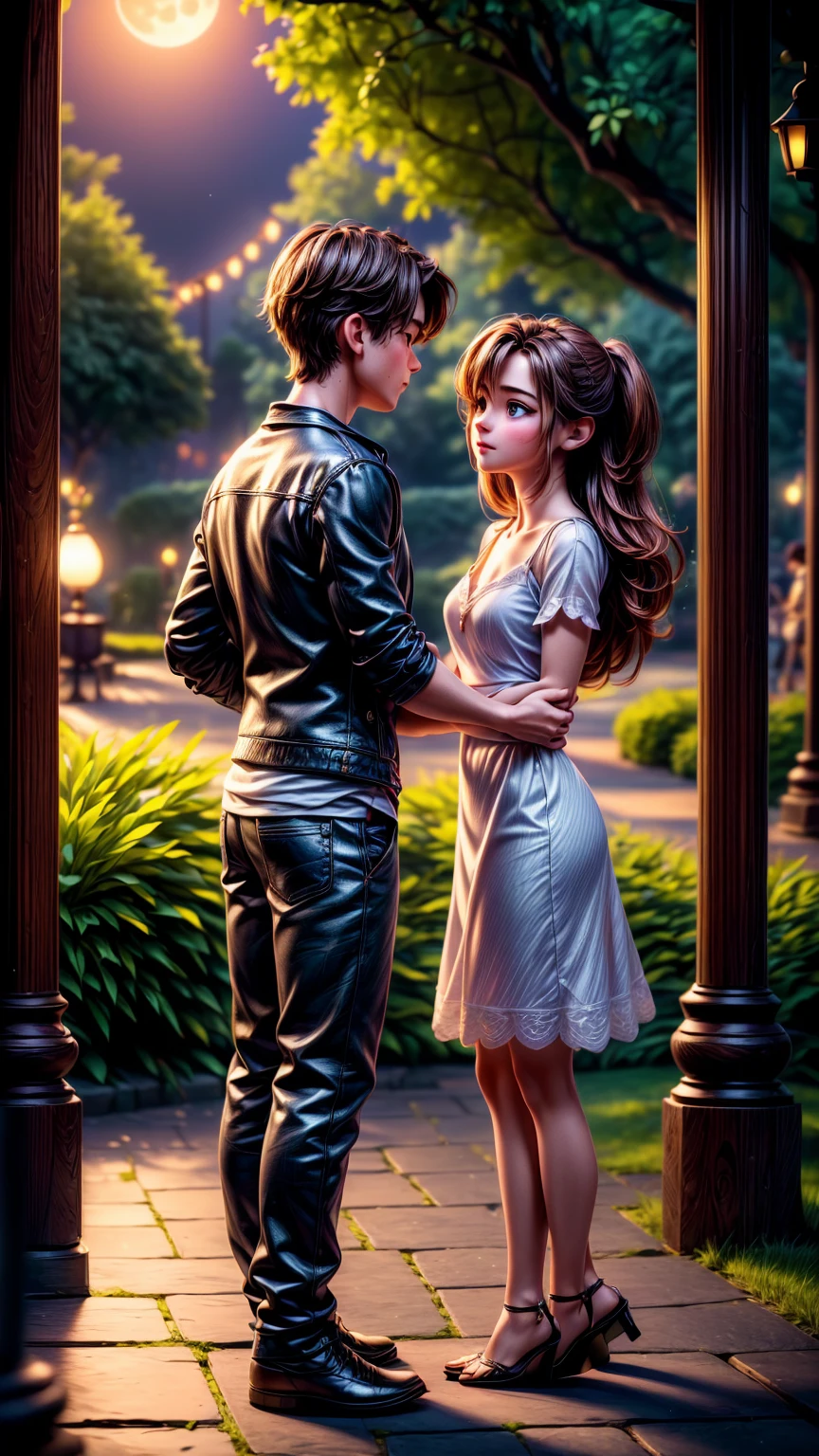 a young couple in a park at night, romantic date, love confession, moonlight, full moon, ethereal, dreamy, soft lighting, detailed faces, deep eye contact, delicate fingers intertwined, lush greenery, cobblestone path, ambient moon glow, (best quality,4k,8k,highres,masterpiece:1.2),ultra-detailed,(realistic,photorealistic,photo-realistic:1.37),cinematic composition,warm color palette,magical atmosphere
