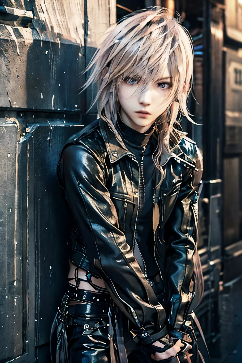 A man who looks like a Japanese rock singer, wearing a black shirt and pants and leaning against a wall. Cool, handsome, good-looking man, short-haired blonde man, young and cool, good-looking man, cool rock singer, androgynous male rock singer, androgynous man, androgynous with well-defined facial features, a man who looks like he could be in an anime, realistic anime, hyper realistic