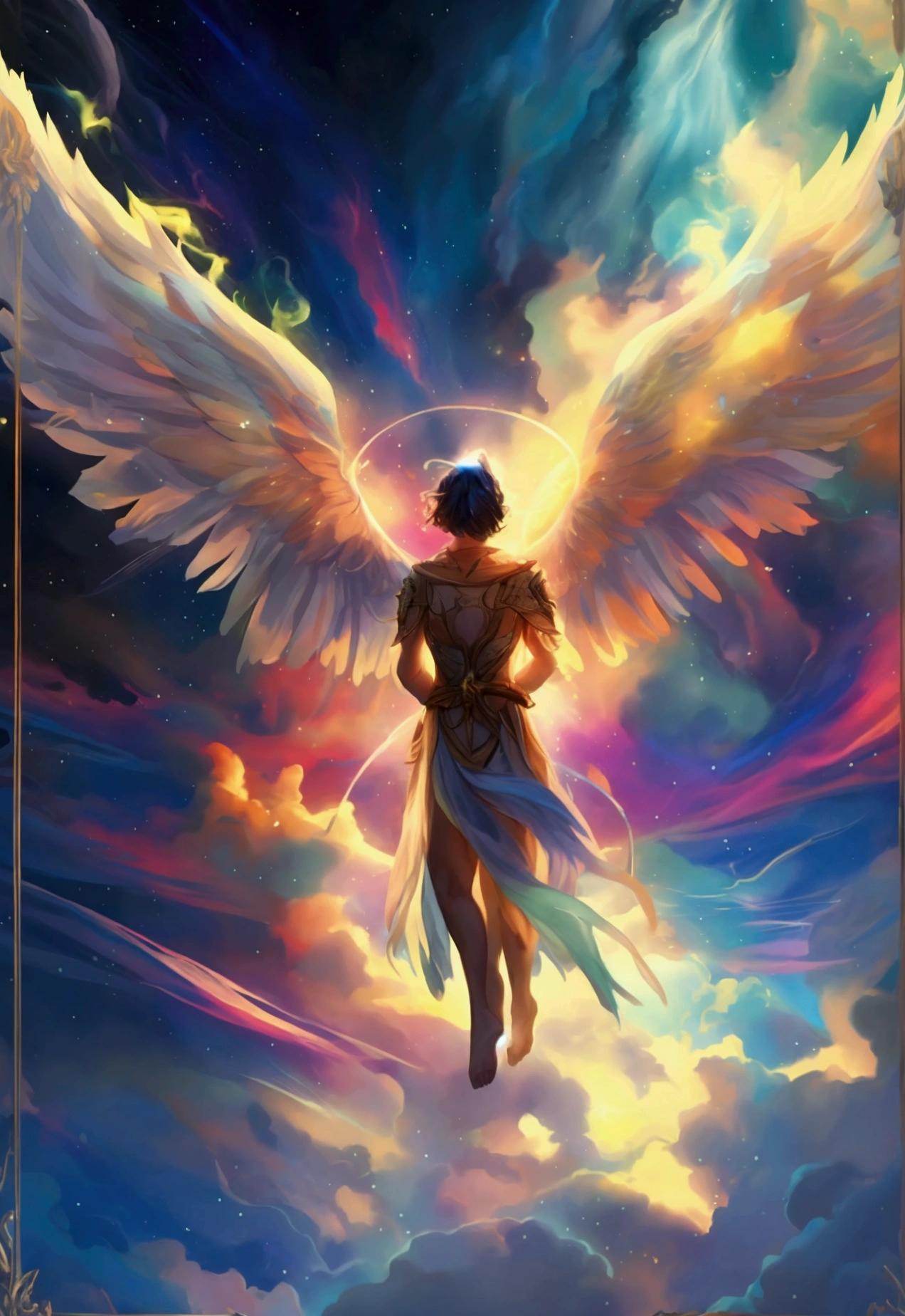 a massive angel with enormous wings, cosmic energy crackling around him, celestial realm, photorealistic, cinematic lighting, hyperdetailed, dramatic composition, epic fantasy art, vibrant colors, dramatic lighting, chiaroscuro, dramatic atmosphere, divine presence, powerful, awe-inspiring, majestic, mythological, ethereal, transcendent