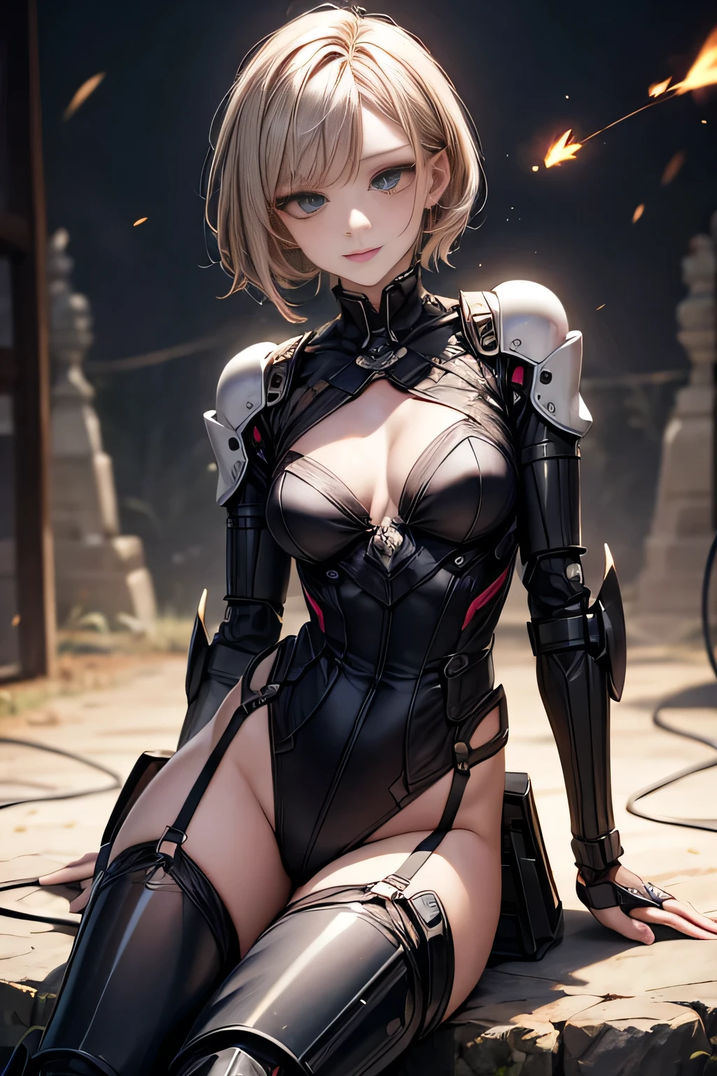 Highest quality, masterpiece, The finer details, Very delicate 8k wallpaper, (1 Beautiful Machine Girl), (Beautiful Eyes), Long eyelashes, Compensate, Short Hair, Pink Lips, Five mechanical finger joints, Mechanical Hand, Mechanical legs: 1.1), colorful, (Flying sparks), (Exoskeleton Leotard), garter belt, (Exposed lower chest, Exposed thighs: 1.2), (The lower abdomen connected to the power source and many colorful cables:1.5), (Mechanical Harrow), Cyberpunk City, Sitting