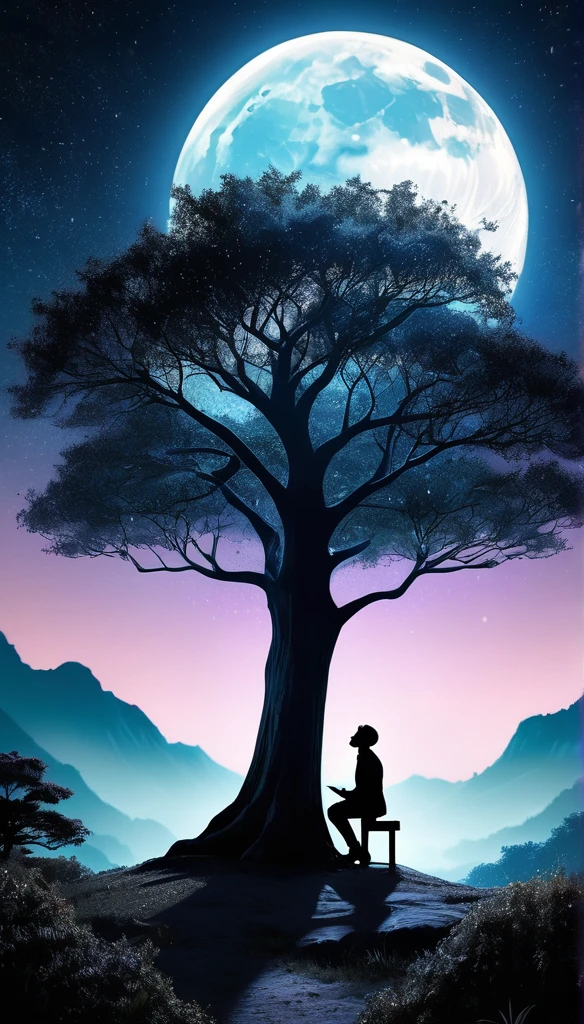 from below, a huge full moon, a big tree, a woman receiving a marriage proposal, listening shyly, a man on one knee confessing in front of her, the back of the man, beautiful moonlight, shading effects, gradation magic effects, glitter effects, (ultra detailed, absolutely resolution, best quality:1.3), 2.5D, delicate and dynamic, artistic photography, hyper realistic
