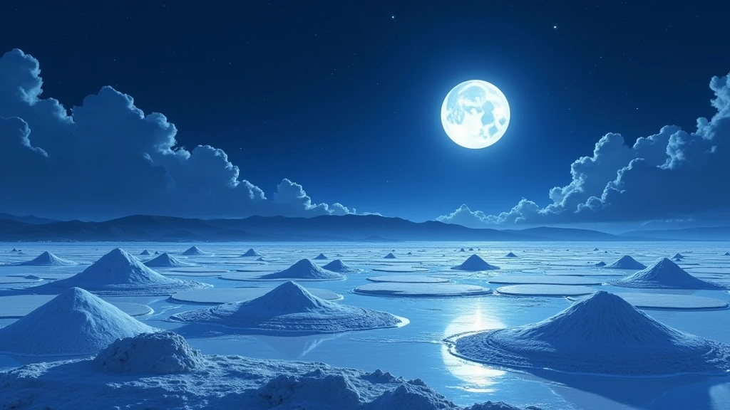 Blue and black color scheme，Salt fields illuminated by moonlight，Peace and tranquility，Fresh and natural，Large wetlands，The wetland stretches from the near to the distant sky，Makoto Shinkai&#39;s style，landscape，high quality，Salt City, salt fields, beautiful scenery, white sea salt, salt piles, hardworking people, diligence and wisdom, natural landscape