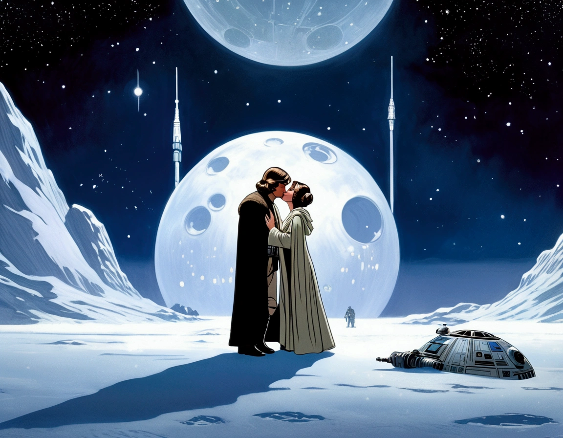 Star Wars, empire strikes back, Luke and Leia share a kiss on the snow swept surface of Hoth, Moonlit night, serene night, moonlit confession of love
