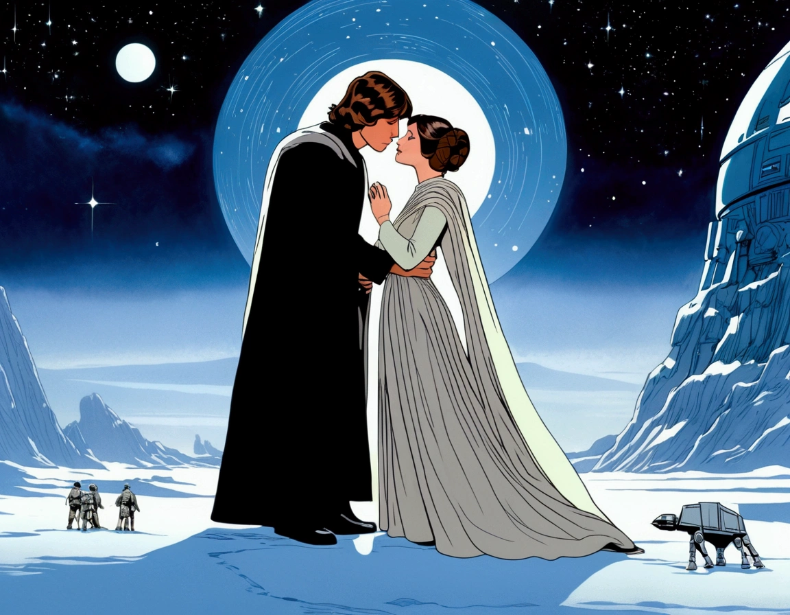 Star Wars, empire strikes back, Luke and Leia share a kiss on the snow swept surface of Hoth, Moonlit night, serene night, moonlit confession of love